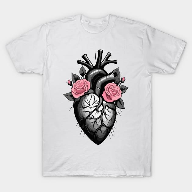 Black and white human heart with roses T-Shirt by craftydesigns